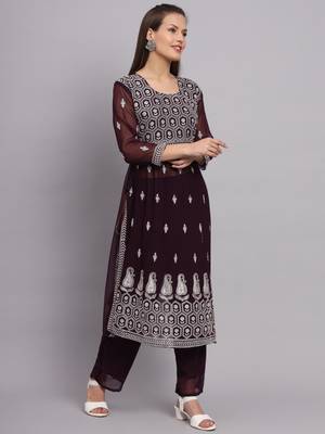 Wine Colour Nayra Cut Ready to Wear Salwaar Kameez For Party Looks 4