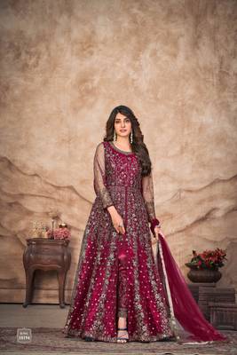 Fancy Anarkali Dress For Wedding Looks In Maroon Colour 1