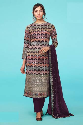 Purple Colour Ethnic Resham Embroidery Work Salwaar Kameez For Fancy Looks