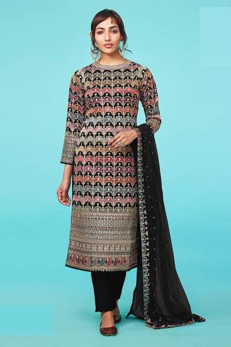 Black Colour Ethnic Resham Embroidery Work Salwaar Kameez For Fancy Looks