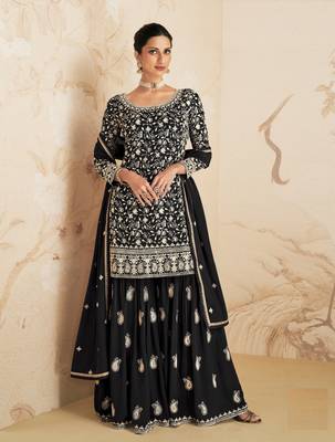 Black Colour Designer Embroidery Palazzo Dress For Girlish Wedding Wear 1