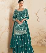 Firozi Colour Designer Embroidery Palazzo Dress For Girlish Wedding Wear