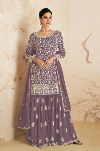 Mauve Colour Designer Embroidery Palazzo Dress For Girlish Wedding Wear