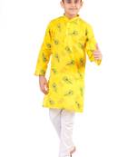 Boy's Yellow And White Cotton Kurta Pyjama Set