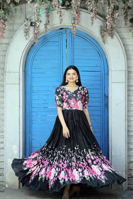 Fancy Girlish Partywear Floral Print Gown For Graceful Looks In Black Colour 1
