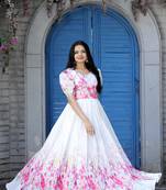 Fancy Girlish Partywear Floral Print Gown For Graceful Looks In White Colour