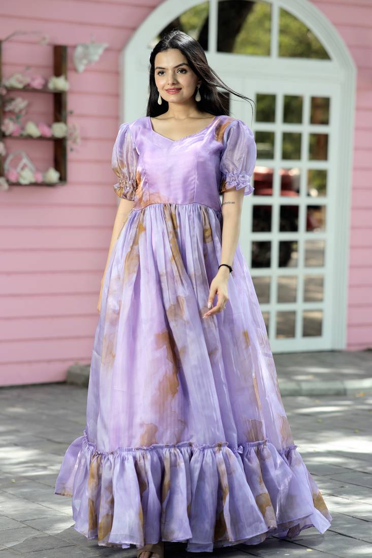 Lavender Colour Designer Printed Ethnic Gown With Girlish Looks