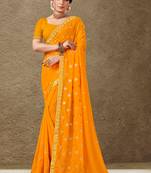 Ethnic Zari Embroidery Work Yellow Georgette c Saree