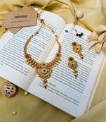 Classic antique golden plated matt finish necklace with pair of earrings