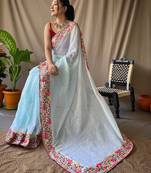 Designer Sky Blue Resham And Sequins Work Embroidered Designer Saree