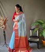 Sky Blue Linen c Woven Designer Saree For Traditional Looks
