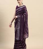 Wine Designer Sequins Embroidery Work Partywear Girlish Saree