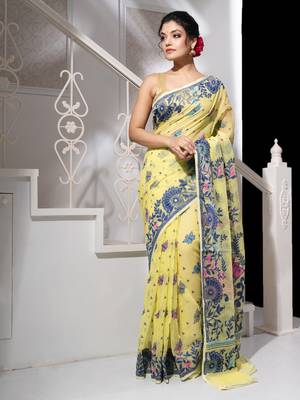 Light yellow butterfly motif jamdani saree 1