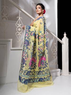 Light yellow butterfly motif jamdani saree 3