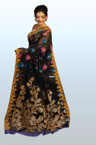 Black jamdani saree with all over flower motifs