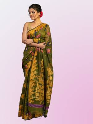 Sap Green jamdani saree with all over flower motifs 1