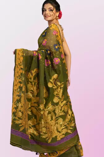 Sap Green jamdani saree with all over flower motifs