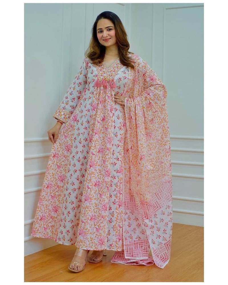 Women's Cotton Floral Print Kurti Pant with Dupatta Set