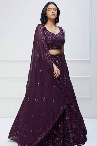 plum purple georgette sequin embroidered lehenga set choli with dupatta 