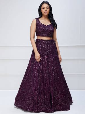 plum purple georgette sequin embroidered lehenga set choli with dupatta  1