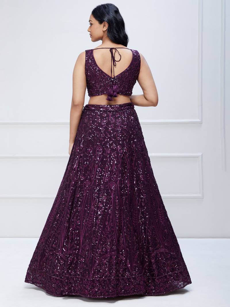 Plum Purple Georgette Sequin Embroidered Lehenga Choli Set
