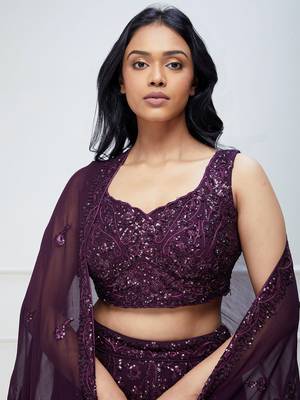 plum purple georgette sequin embroidered lehenga set choli with dupatta  4
