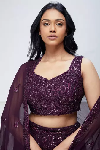 plum purple georgette sequin embroidered lehenga set choli with dupatta 