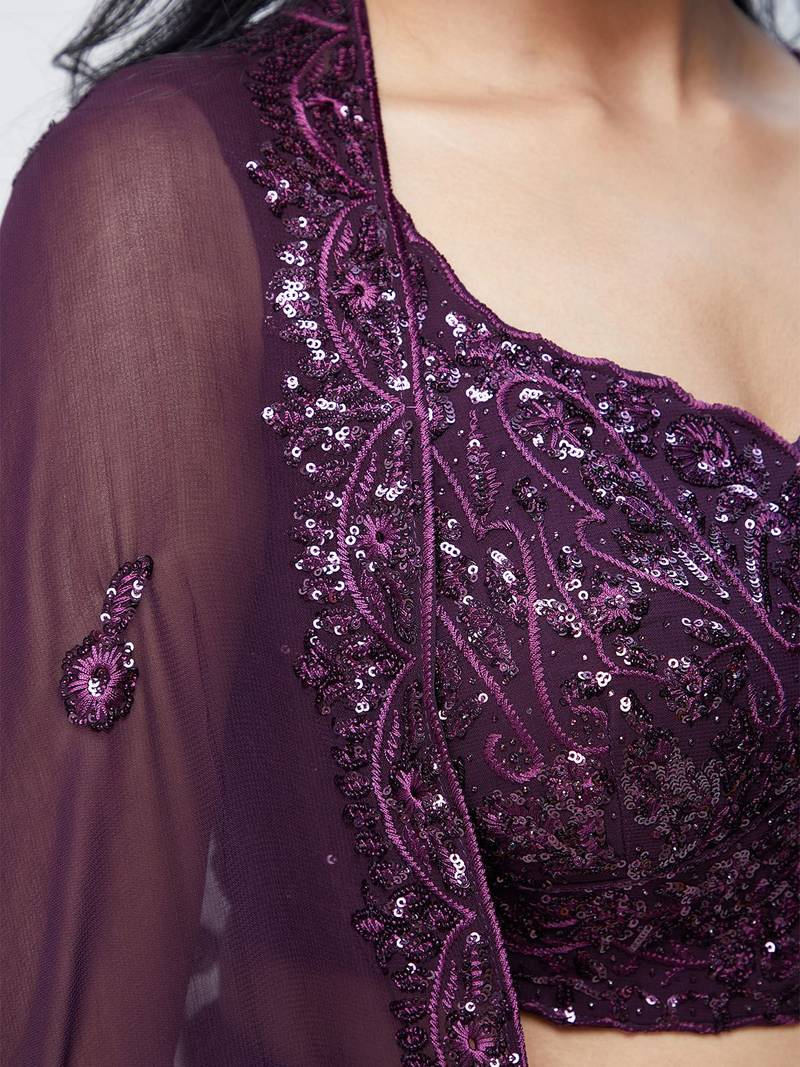 Plum Purple Georgette Sequin Embroidered Lehenga Choli Set