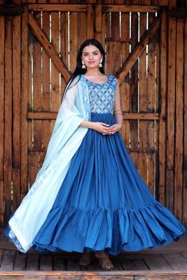 Blue Chinnon With Sequins & Position Print Gown With Dupatta 1