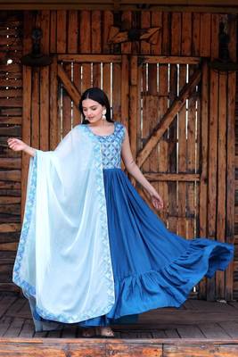 Blue Chinnon With Sequins & Position Print Gown With Dupatta 2