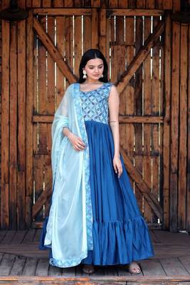 Blue Chinnon With Sequins & Position Print Gown With Dupatta 3