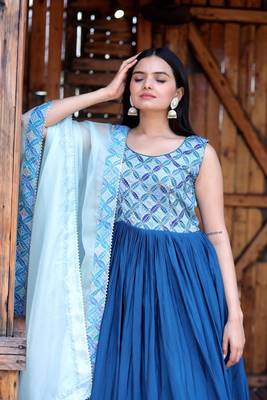 Blue Chinnon With Sequins & Position Print Gown With Dupatta 4