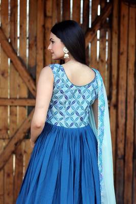 Blue Chinnon With Sequins & Position Print Gown With Dupatta 5