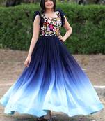 Blue Faux Blooming With Sequins Multi Embroidered Gown