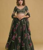 Stunning Green Floral Digital Organza Festival Wear Lehenga Choli