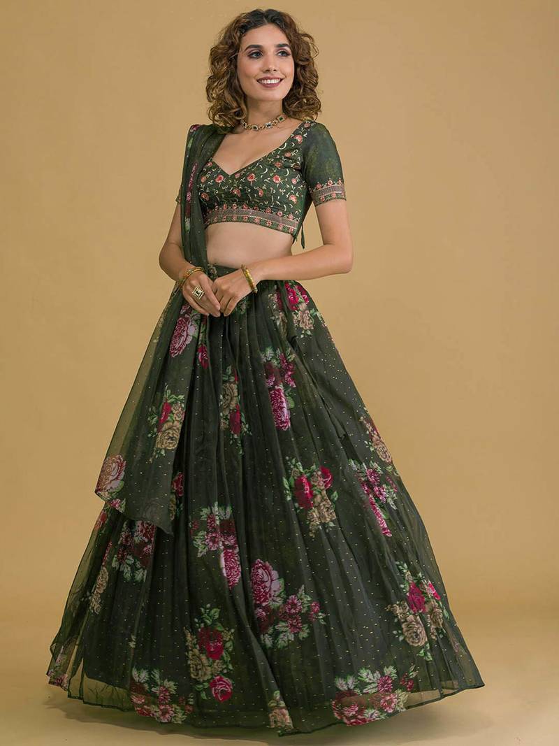 Stunning Green Floral Digital Organza Festival Wear Lehenga Choli