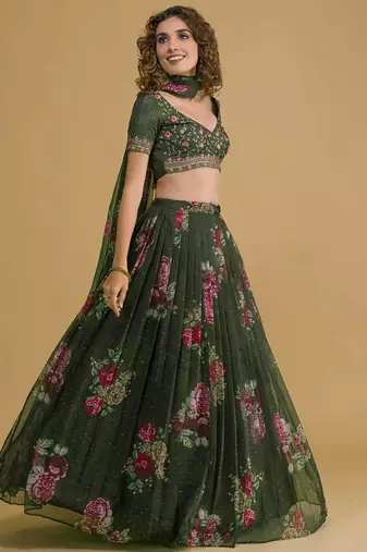 green floral digital organza festival lehenga set choli with dupatta