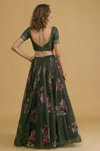 green floral digital organza festival lehenga set choli with dupatta