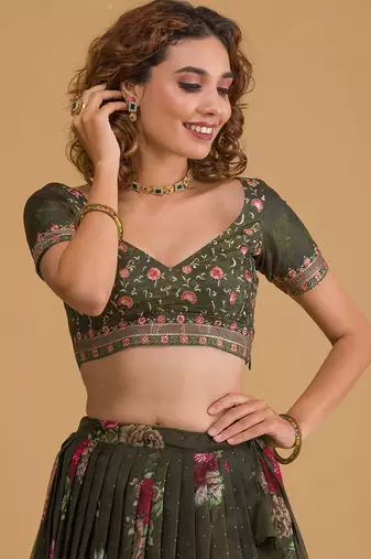 green floral digital organza festival lehenga set choli with dupatta