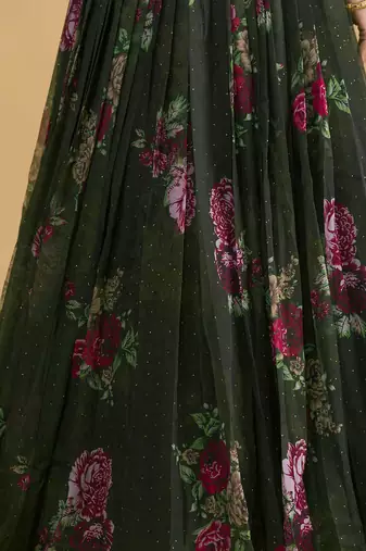 green floral digital organza festival lehenga set choli with dupatta
