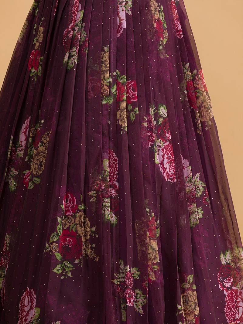 Purple Organza Digital Printed Lehenga