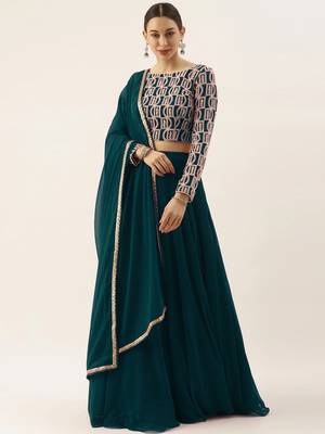 classy green embroidered thread work georgette wedding lehenga set choli with dupatta with dupatta 1