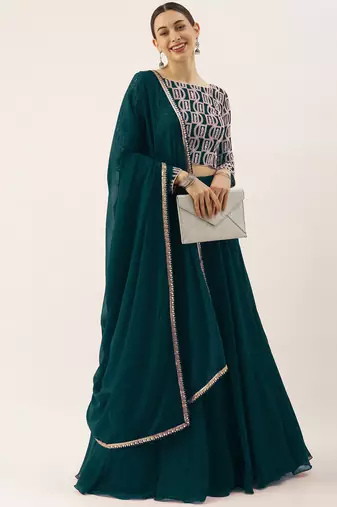 classy green embroidered thread work georgette wedding lehenga set choli with dupatta with dupatta