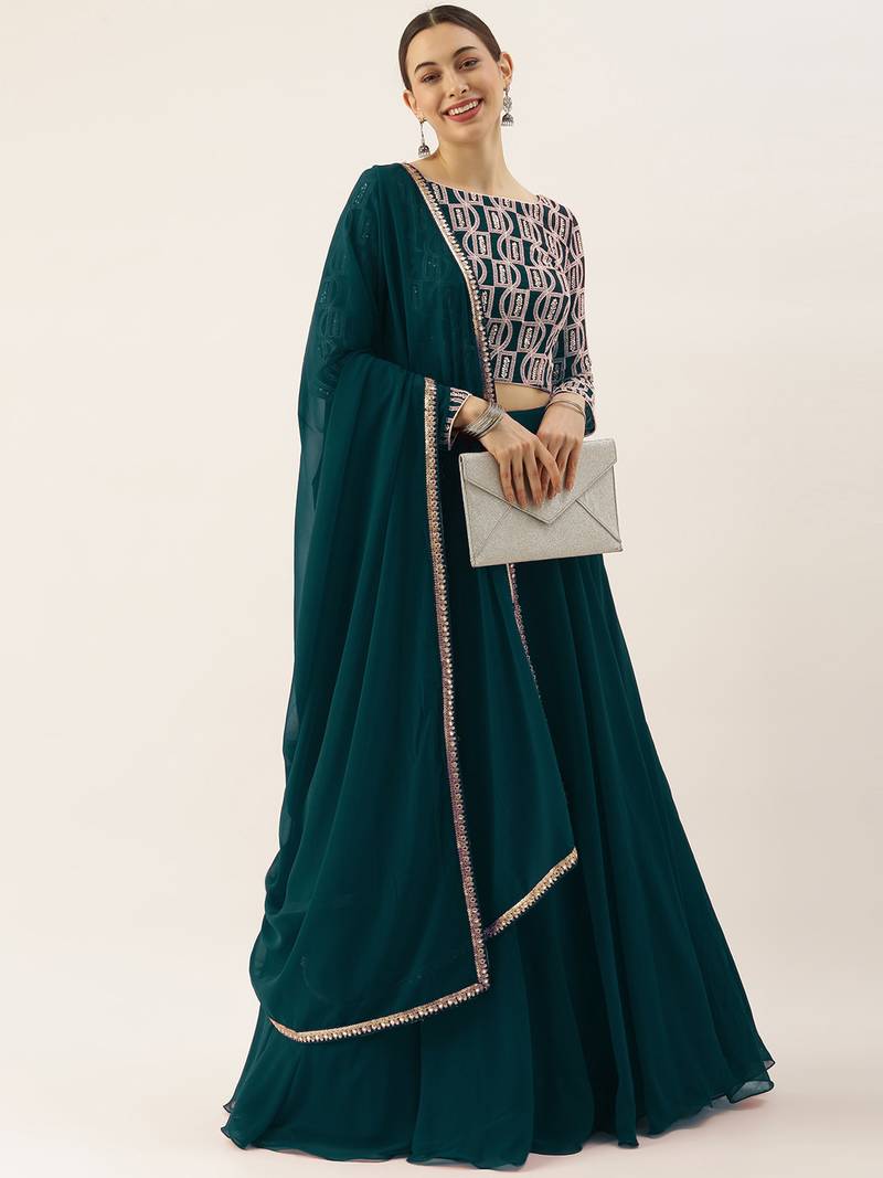 Classy Green Embroidered Thread Work Georgette Wedding Lehenga Choli With Dupatta