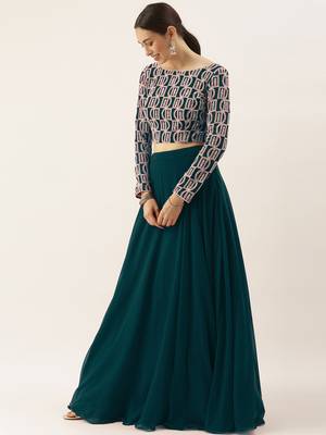 classy green embroidered thread work georgette wedding lehenga set choli with dupatta with dupatta 3
