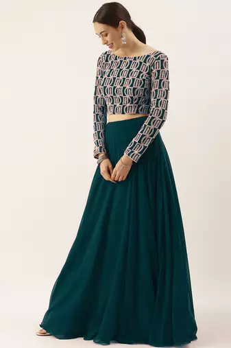 classy green embroidered thread work georgette wedding lehenga set choli with dupatta with dupatta
