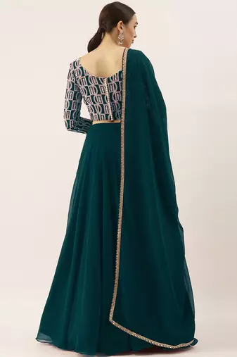 classy green embroidered thread work georgette wedding lehenga set choli with dupatta with dupatta