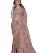 Lavender heavy reshamembroidery moti stone work net party wear with blouse