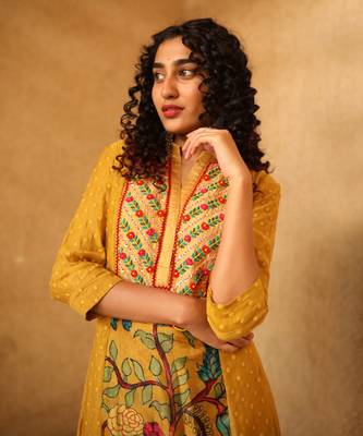 Yellow dupion silk and fine chanderi kurta set 2