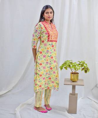 Light yellow dupion silk and butter crape kurta set 1